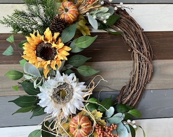 Fall sunflower wreath, rustic fall wreath, autumn wreath, fall farmhouse wreath, sunflower wreath, fall wreath, fall front door decor, fall
