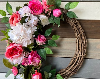 Spring floral wreath, spring hydrangea wreath, summer wreath, Easter floral wreath, pink floral wreath, front door wreath, spring wreath