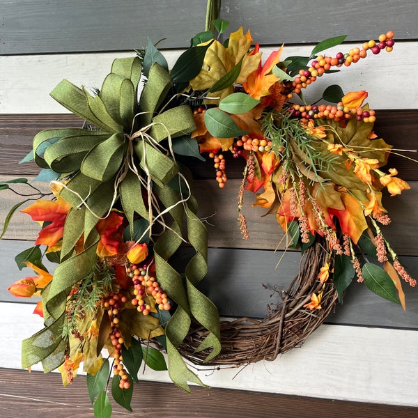 Fall rustic wreath, fall wreath, fall orange and green wreath, fall leaf wreath, autumn wreath, thanksgiving wreath, woodsy fall wreath