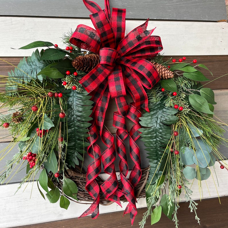Buffalo Plaid Rustic wreath, buffalo plaid winter wreath, farmhouse wreath, Christmas rustic wreath, rustic wreath, Christmas buffalo plaid image 9