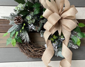 Winter wreath, neutral wreath, flocked wreath, front door wreath, Christmas wreath, winter berry wreath, evergreen wreath, beige winter