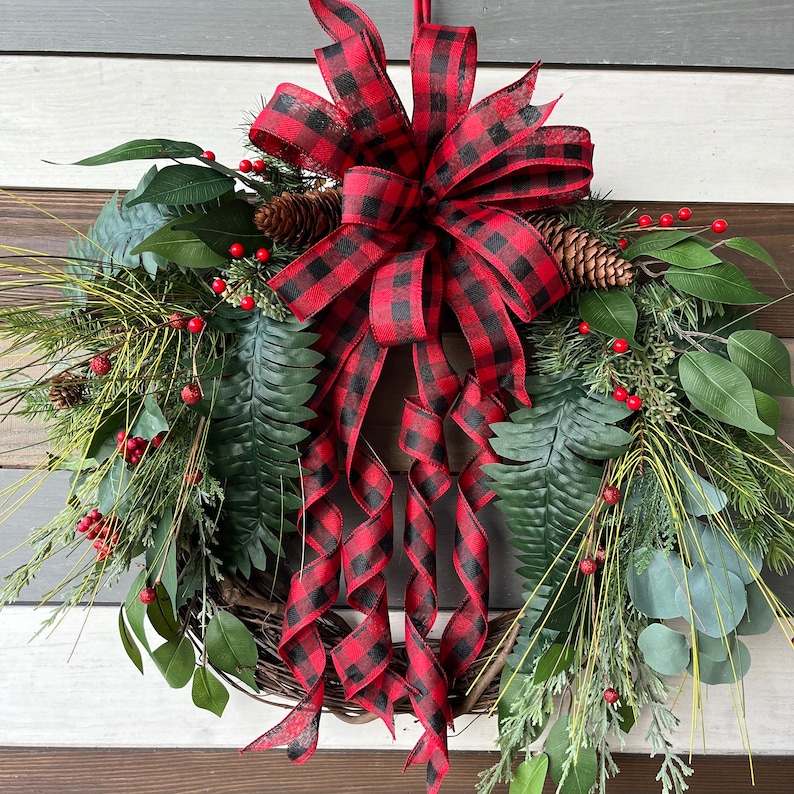 Buffalo Plaid Rustic wreath, buffalo plaid winter wreath, farmhouse wreath, Christmas rustic wreath, rustic wreath, Christmas buffalo plaid image 8