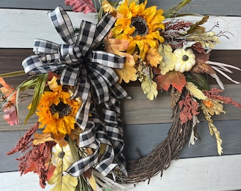 sunflower wreath, fall sunflower wreath, fall wreath, autumn wreath, autumn woodsy wreath, fall pumpkin wreath, thanksgiving wreath, wreath