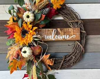 Fall wreath, sunflower wreath, rustic fall wreath, autumn wreath, welcome fall wreath, sunflower fall wreath, woodsy fall wreath, farmhouse