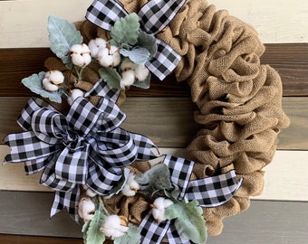 Buffalo plaid burlap wreath, cotton wreath, year round wreath, burlap wreath, front door decor, everyday wreath, farmhouse cotton wreath