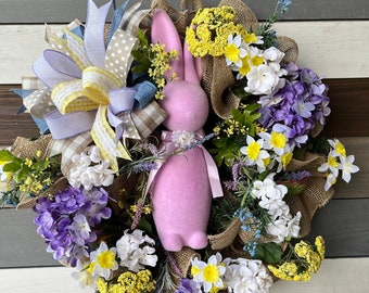 Easter wreath, spring wreath, easter bunny wreath, easter bunny lavender flocked wreath, easter floral wreath, easter lavender wreath, bunny