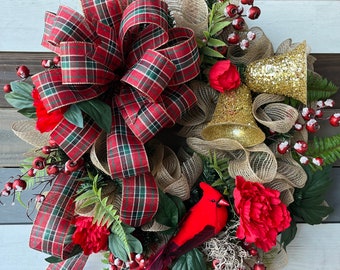 Christmas wreath, Christmas cardinal wreath, Christmas deco wreath, Christmas plaid wreath, Christmas bell wreath, Christmas red green wreat