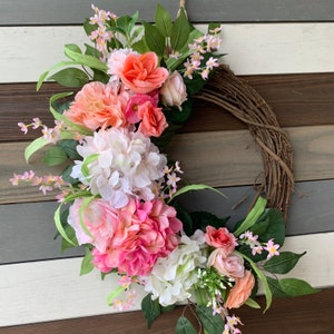 Spring floral wreath, Easter wreath, summer wreath, spring blush/pink wreath, hydrangea wreath, front door wreath, floral neutral wreath