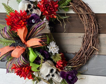 Halloween wreath, skeleton wreath, spooky wreath, fall wreath, Halloween skeleton wreath, Halloween mum skull wreath, autumn/fall wreath