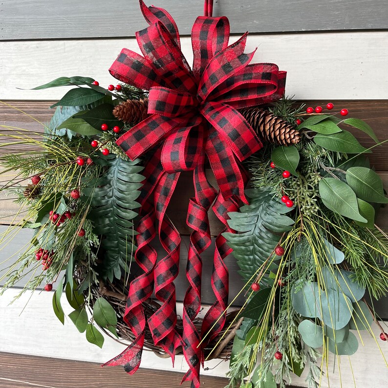 Buffalo Plaid Rustic wreath, buffalo plaid winter wreath, farmhouse wreath, Christmas rustic wreath, rustic wreath, Christmas buffalo plaid image 3