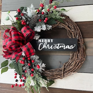 Rustic buffalo plaid Christmas wreath, rustic wreath, buffalo plaid Christmas wreath, farmhouse Christmas wreath, merry Christmas wreath