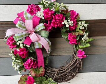 Geranium wreath, spring wreath, summer wreath, Easter wreath, pink geranium wreath, front door wreath, geraniums pink