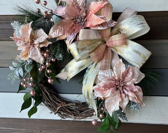 Christmas wreath, Christmas blush wreath, Christmas pink wreath, Christmas poinsettia wreath, Christmas elegant wreath, Christmas hanger