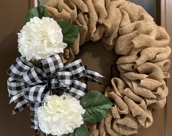 Farmhouse hydrangea burlap wreath, hydrangea wreath, burlap wreath, buffalo plaid wreath, year round wreath, farmhouse decor, spring wreath