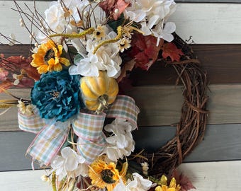 fall wreath, fall hydrangea wreath, fall peony wreath, autumn wreath, autumn ivory wreath, thanksgiving wreath, fall cream wreath, fall