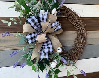 Lavender farmhouse wreath, farmhouse cotton/lavender wreath, rustic lavender wreath, summer wreath, lavender eucalyptus wreath, lavender