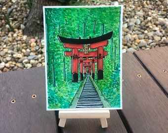 Mini Original Watercolour Painting on Easel - Japan Torii Gate