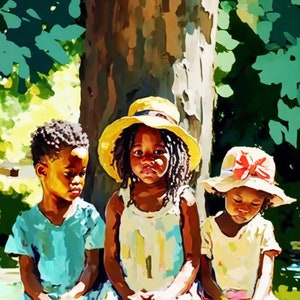 African American Art African Black Art Afro Bohemian Decor Children Sitting In Park Large Canvas Wall Art For Home Decor or Office Decor