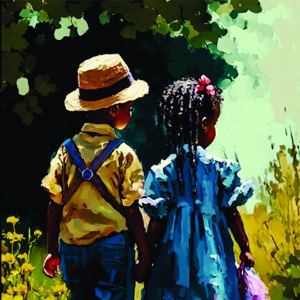 African American Art African Black Art Afro Bohemian Decor Children Walking To Park Large Canvas Wall Art For Home Decor or Office Decor