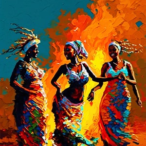African Black Art African American Art Afro Bohemian Decor Women Dancing By Fire Large Canvas Wall Art For Home Decor or Office Decor