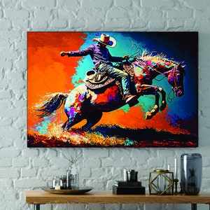 Large Western Wall Art Cowboy with Horse Art Southwest Art Rustic Cowboy Oil Painting Print For Rustic Home Decor and Western Cowboy Style