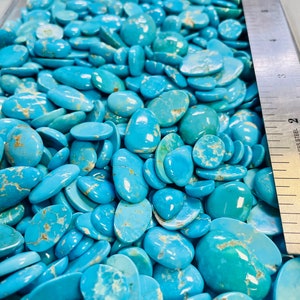 May include: A close-up image of a large pile of turquoise cabochons. The stones are various shades of blue and green, and some have a marbled pattern. A ruler is visible in the background.