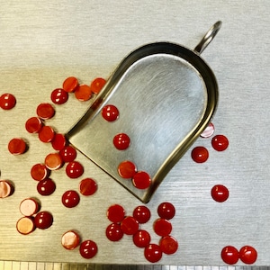May include: A metal scoop with a handle, surrounded by a scattering of small, round, orange-red stones. A ruler with the words "Stainless Steel" is visible at the bottom of the image.