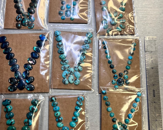 Turquoise Freeform Stone Cabochons Sorted for a Squash with Naja. Ready for the silversmith to build jewelry. Chinese Stabilized Turquoise.