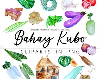 Bahay Kubo Watercolor Vegetable Clip Art: Filipino Song Lyrics (PNG)