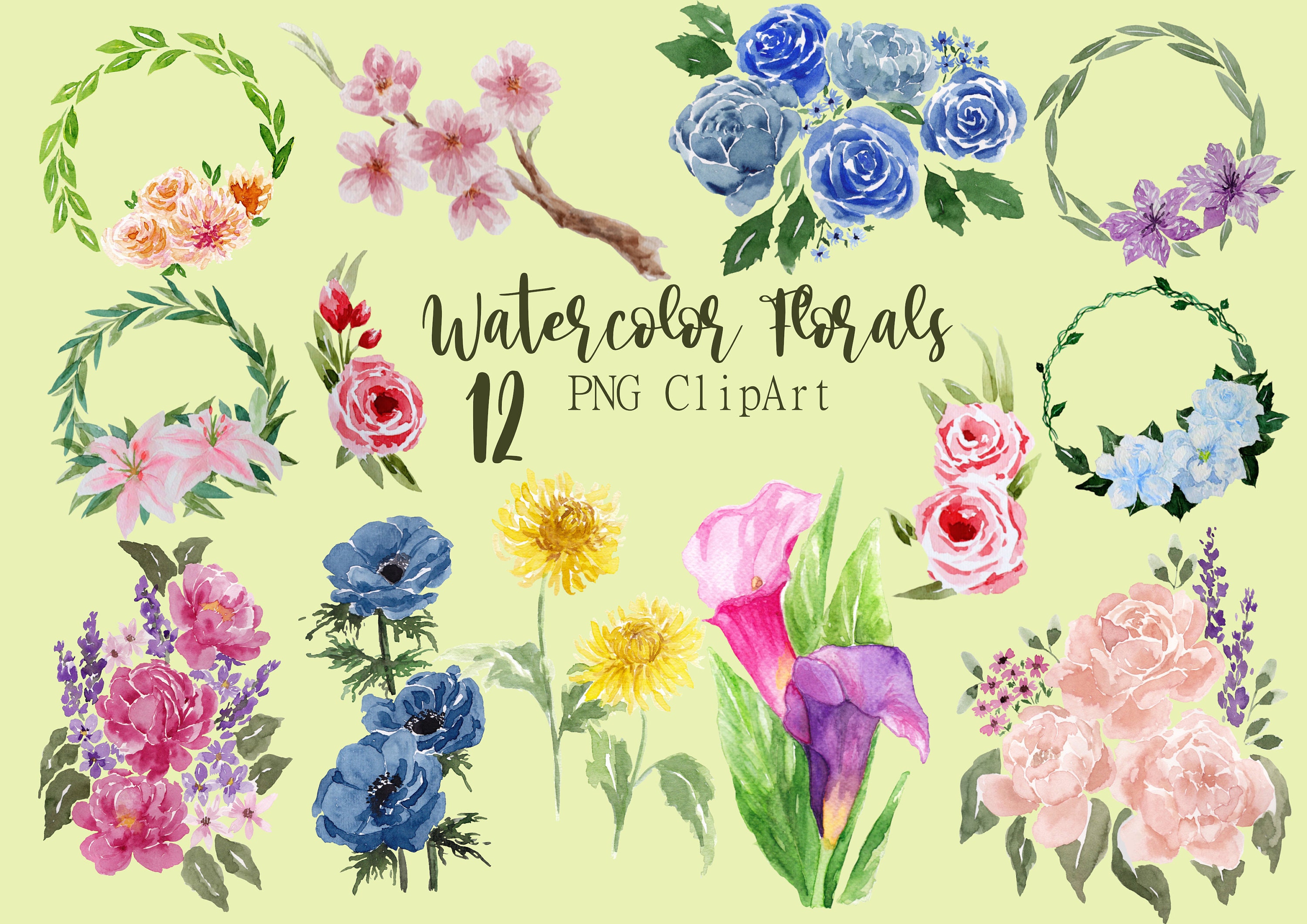 12 Watercolor Florals Clip Art PNG Instant Download | Etsy