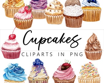 12 cupcakes aquarelles en PNG, clipart, art culinaire, téléchargement immédiat, imprimable