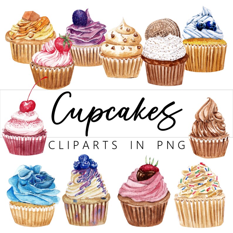 12 Watercolor Cupcakes in PNG Clip Art, Food Art, Instant Download ...