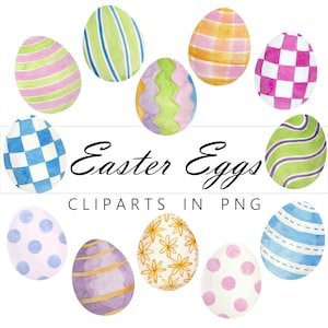 Images clipart d'œufs de Pâques à l'aquarelle, PNG, 300 ppp, téléchargement instantané, usage commercial et personnel