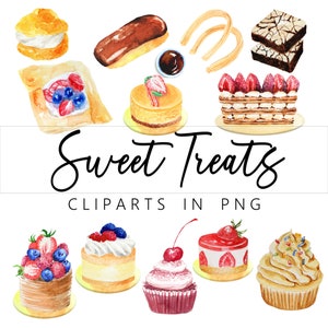 Aquarelles cliparts de gourmandises sucrées, gâteaux et pâtisseries, PNG, 300 ppi, imprimables, téléchargeables