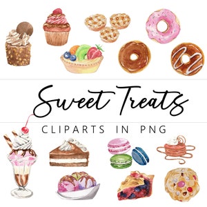 14  Watercolor Sweet Treats in PNG Clip Art. Instant Download