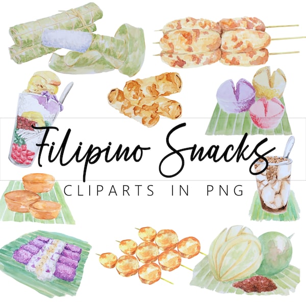 10 bocadillos de comida filipina en acuarela PNG Clip Art. Descarga instantánea