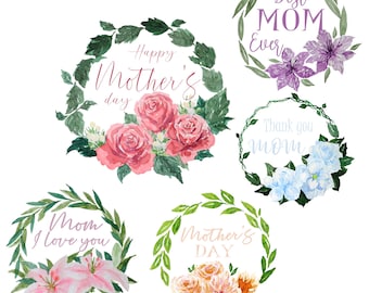 5 Mother&#39;s Day Wreath in PNG Clip Art, Printable, Instant Download