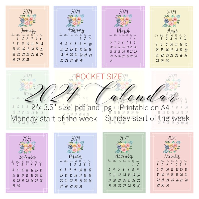 2024 Calendar, Pocket Size, Printable Etsy
