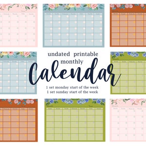 4 designs de calendário mensal sem data para outono, segunda e domingo, início da semana em JPG e PDF. Tamanho A4.