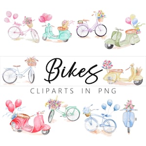 10 clipart PNG di biciclette acquerellate con fiori, palloncini e regali! Download immediato.