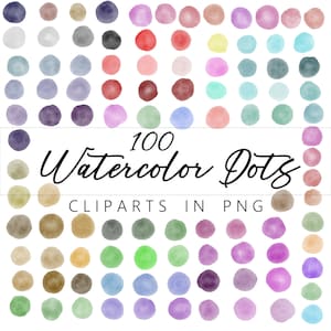 May include: An assortment of 100 watercolour dots in diverse colours, such as purple, pink, green, and brown. The image includes the text "100 Watercolor Dots" and "Cliparts in PNG".