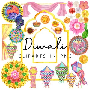 May include: A set of colorful watercolor illustrations for Diwali, the Hindu festival of lights. The illustrations include a peacock, diyas, lanterns, flowers, and an archway. The text "Diwali" and "Clipart in PNG" is included in the image.