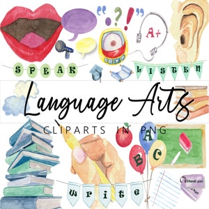May include: Watercolour clipart set for language arts education. Includes images of a mouth speaking, an ear listening, a hand writing, a stack of books, a graduation cap, a pencil, an apple, balloons with letters A, B, and C, a chalkboard, a notepad, and a speech bubble with question marks and exclamation points.