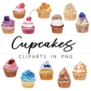 12 cupcakes aquarelles en PNG, clipart, art culinaire, téléchargement immédiat, imprimable