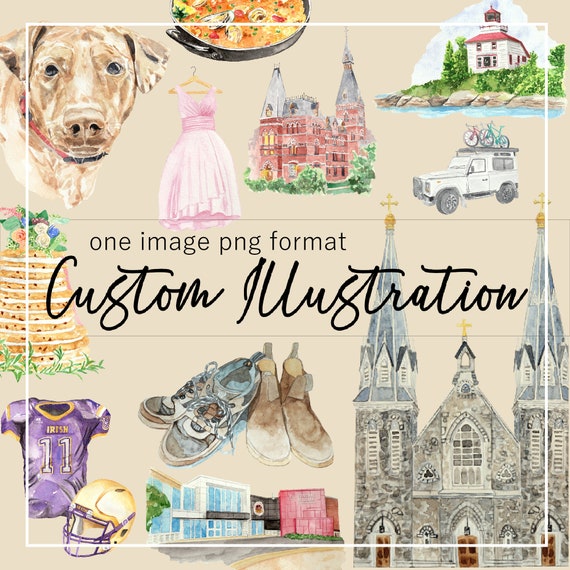 1 Custom Illustration in Watercolor 300ppi PNG PDF or JPG clipart format