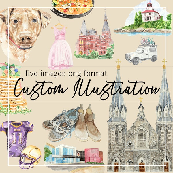 5 Custom Illustration in Watercolor 300ppi PNG PDF or JPG clipart format