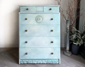 Hand Painted Chest of Drawers. Mid Century Tallboy