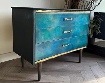 Mid Century Chest of Drawers, Blue, Teal & Green Hand Painted