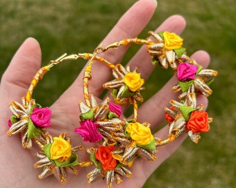 Handcrafted Gota Floral Hoop Earrings for Haldi & Mehendi - Set of 2