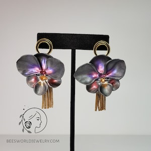 Black Orchid Earrings - Artisan Crafted Polymer Clay. Weddings, For Mom, Botanical Jewelry, Gift for Her, beesworldjewelry.com